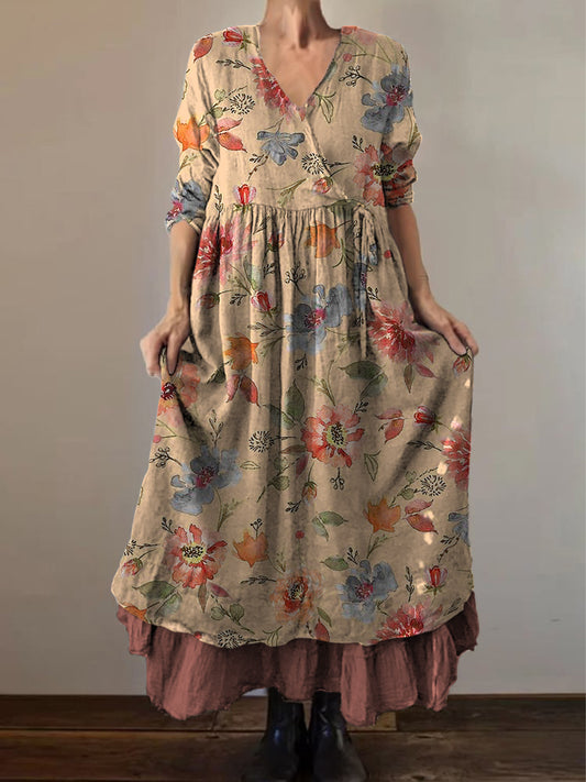 Retro Boho Floral Εκτύπωση Vintage V-Neck διπλό κομμάτι βαμβάκι μακριά μανίκι φόρεμα Midi