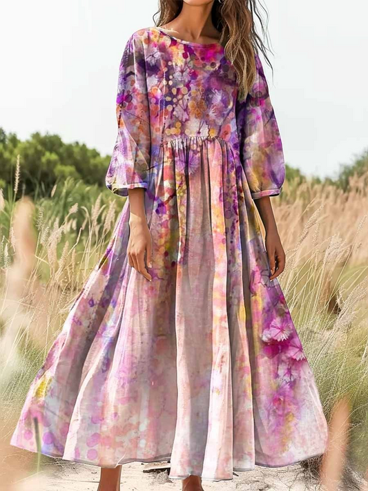 Retro Boho Floral Βοτανική Εκτύπωση Vintage Chic στρογγυλό λαιμό βαμβάκι μακριά μανίκι φόρεμα Midi