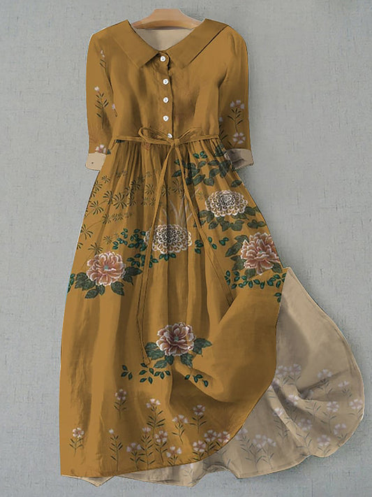 Retro Boho Floral Εκτύπωση Vintage Chic στρογγυλό λαιμό κουμπί μακριά μανίκι φόρεμα Midi