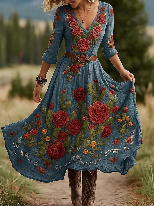 Εκτύπωση Vintage V-λαιμό μακρυμάνικο βαμβάκι Maxi φόρεμα βαμβάκι