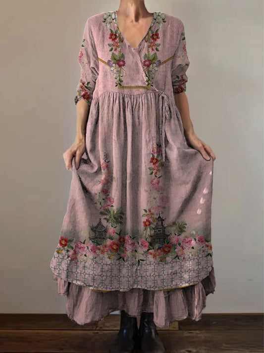 Retro Boho Floral Εκτύπωση Vintage V-Neck διπλό κομμάτι βαμβάκι μακριά μανίκι φόρεμα Midi