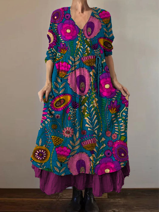 Retro Boho Floral Εκτύπωση Vintage V-Neck διπλό κομμάτι βαμβάκι μακριά μανίκι φόρεμα Midi