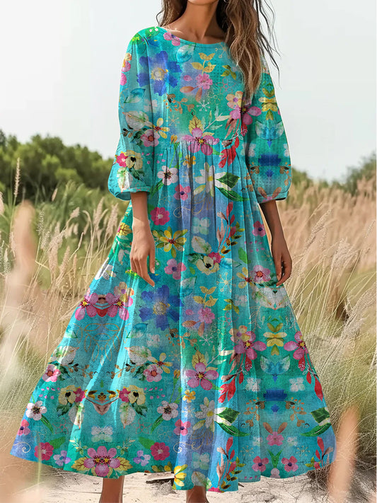 Retro Boho Ανθοπωλεία Τέχνης Εκτύπωση Vintage Chic V-Neck κουμπί μέχρι μακριά μανίκι φόρεμα Midi