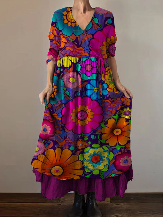 Retro Boho Floral Εκτύπωση Vintage V-Neck διπλό κομμάτι βαμβάκι μακριά μανίκι φόρεμα Midi