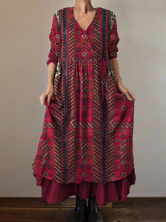 Retro Boho Floral Εκτύπωση Vintage V-Neck διπλό κομμάτι βαμβάκι μακριά μανίκι φόρεμα Midi