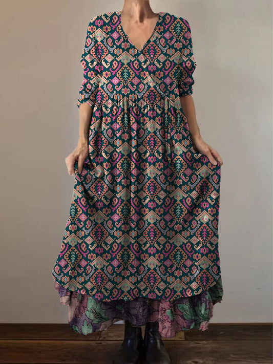 Retro Boho Floral Εκτύπωση Vintage V-Neck διπλό κομμάτι βαμβάκι μακριά μανίκι φόρεμα Midi