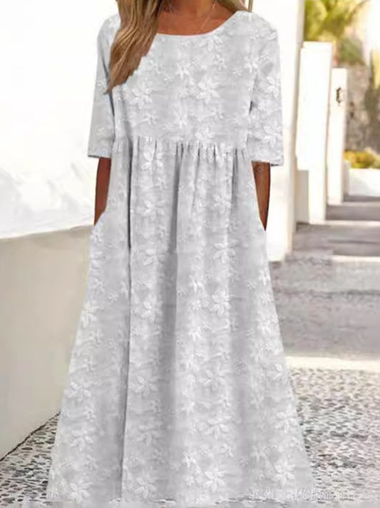 Γυναικείο Retro κεντημένο στρογγυλό λαιμό κεντημένο φόρεμα τέταρτο μανίκι