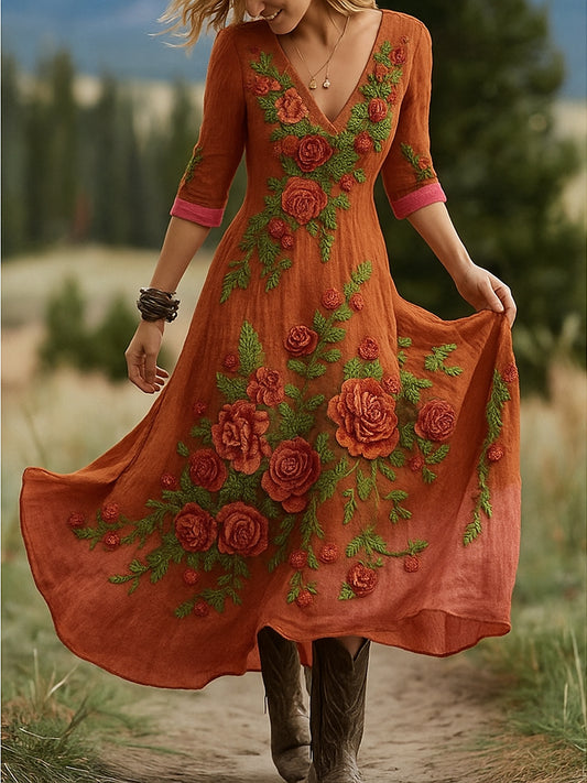 Εκτύπωση Vintage V-λαιμό μακρυμάνικο βαμβάκι Maxi φόρεμα βαμβάκι