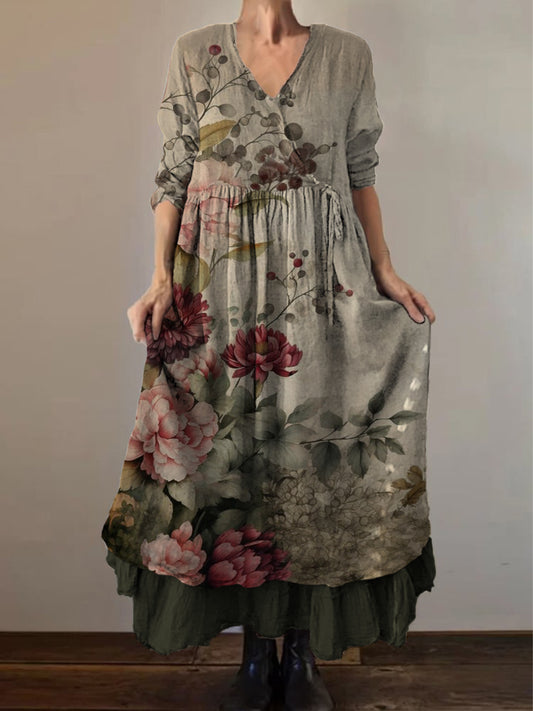 Retro Boho Floral Εκτύπωση Vintage V-Neck διπλό κομμάτι βαμβάκι μακριά μανίκι φόρεμα Midi