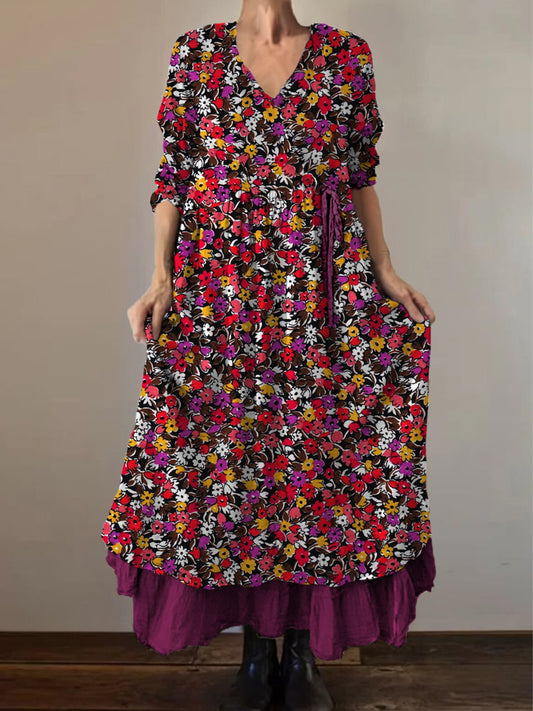 Retro Boho Floral Εκτύπωση Vintage V-Neck διπλό κομμάτι βαμβάκι μακριά μανίκι φόρεμα Midi