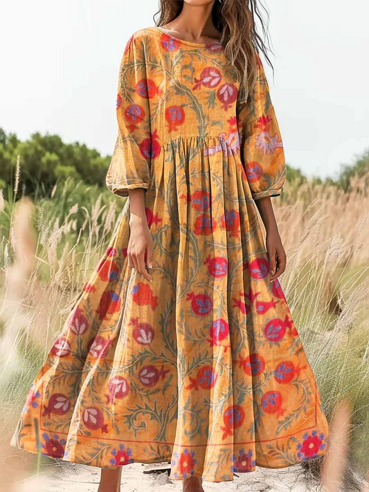 Retro Boho Floral Βοτανική Εκτύπωση Vintage Chic στρογγυλό λαιμό βαμβάκι μακριά μανίκι φόρεμα Midi