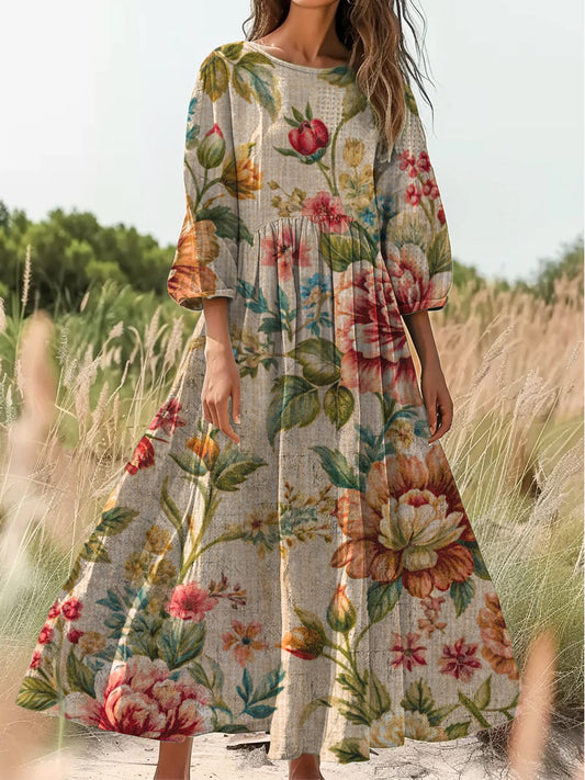 Retro Boho Ανθοπωλεία Τέχνης Εκτύπωση Vintage Chic V-Neck κουμπί μέχρι μακριά μανίκι φόρεμα Midi