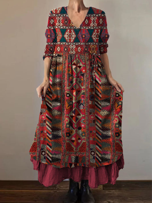 Retro Boho Floral Εκτύπωση Vintage V-Neck διπλό κομμάτι βαμβάκι μακριά μανίκι φόρεμα Midi