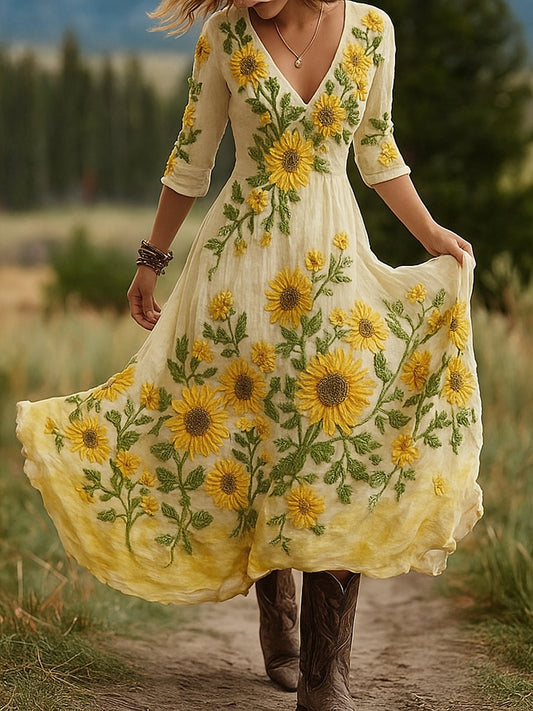 Εκτύπωση Vintage V-λαιμό μακρυμάνικο βαμβάκι Maxi φόρεμα βαμβάκι