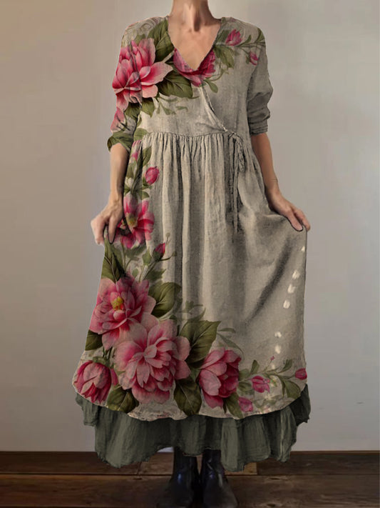 Retro Boho Floral Εκτύπωση Vintage V-Neck διπλό κομμάτι βαμβάκι μακριά μανίκι φόρεμα Midi