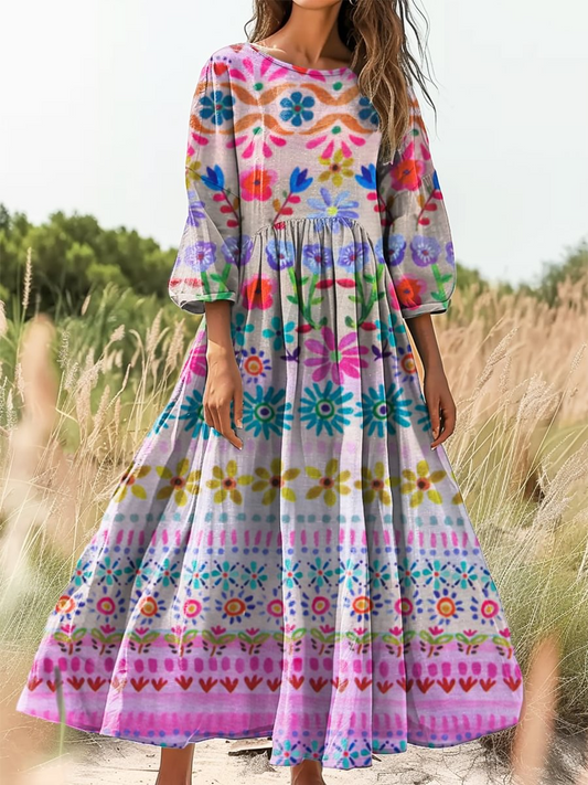 Retro Boho Floral Βοτανική Εκτύπωση Vintage Chic στρογγυλό λαιμό βαμβάκι μακριά μανίκι φόρεμα Midi