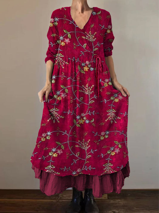 Retro Boho Floral Εκτύπωση Vintage V-Neck διπλό κομμάτι βαμβάκι μακριά μανίκι φόρεμα Midi
