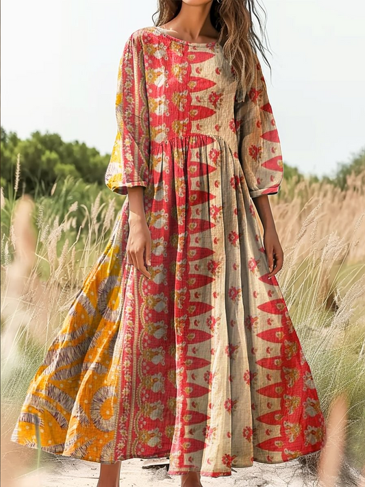 Retro Boho Floral Βοτανική Εκτύπωση Vintage Chic στρογγυλό λαιμό βαμβάκι μακριά μανίκι φόρεμα Midi