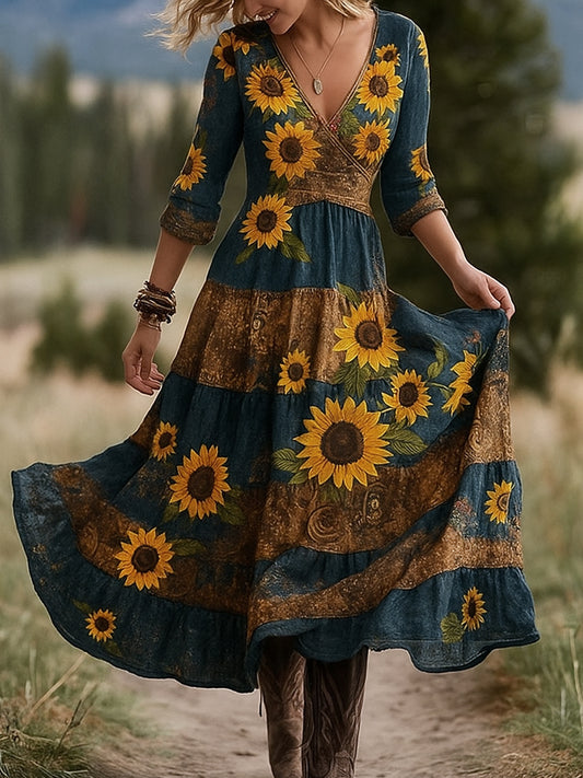 Εκτύπωση Vintage V-λαιμό μακρυμάνικο βαμβάκι Maxi φόρεμα βαμβάκι