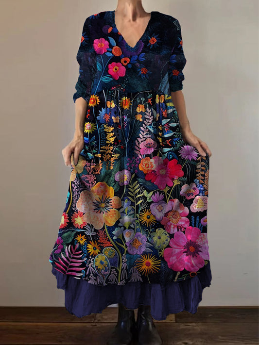 Retro Boho Floral Εκτύπωση Vintage V-Neck διπλό κομμάτι βαμβάκι μακριά μανίκι φόρεμα Midi