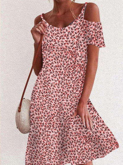 Γυναικείο Retro Floral εκτύπωση χαλαρή off-Shoulder Mini φόρεμα μίνι