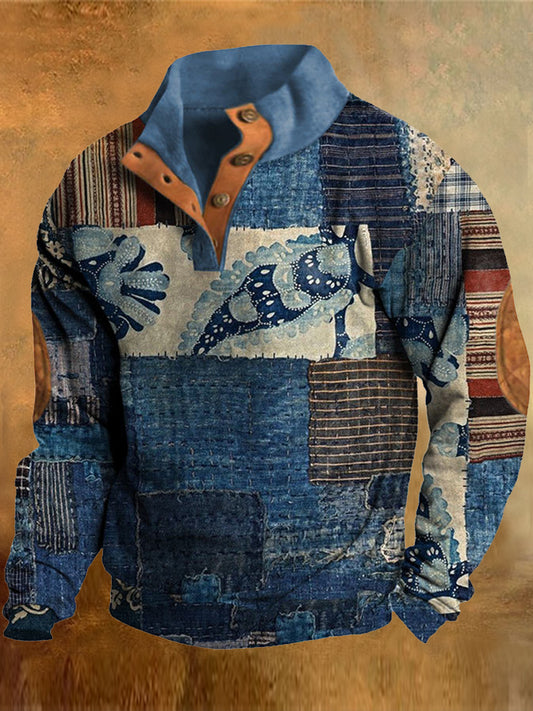 Ανδρικά Vintage Denim Lattice Σχέδιο εκτύπωση κορδόνιο κουμπί κολάρου Εξωτερική Φορά