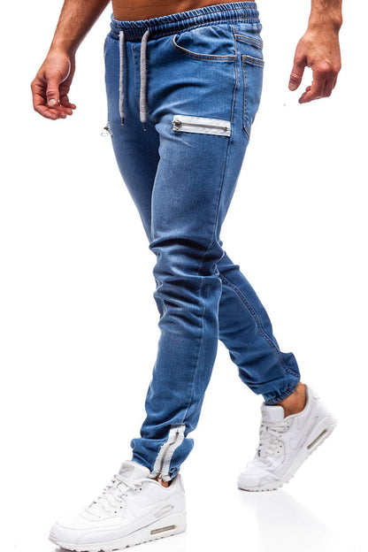 Ανδρικά αθλητικά μόδα Denim παγωμένο φερμουάρ ραφή ελαστική κορδόνια περιστασιακό Τζινς