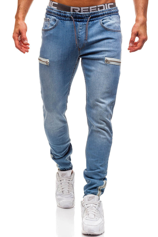 Ανδρικά αθλητικά μόδα Denim παγωμένο φερμουάρ ραφή ελαστική κορδόνια περιστασιακό Τζινς
