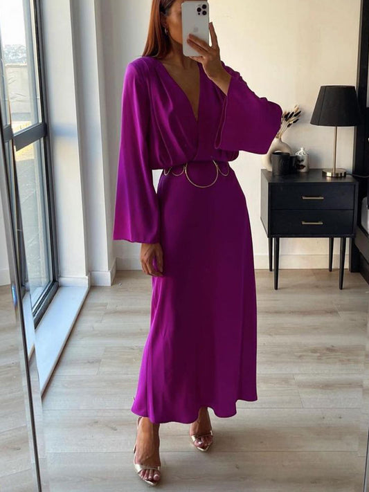 Γυναικεία Retro μωβ μέση V-λαιμό φόρεμα μακριά