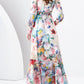 Κομψό λουλούδι τυπωμένο V-Neck Chic chiffon μακριά μανίκι πλήρη Hemline Maxi φόρεμας