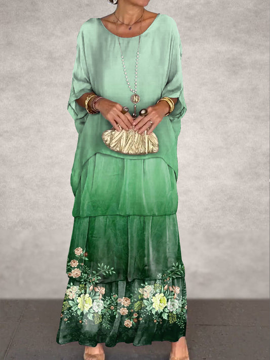 Γυναικείο Vintage Floral Τέχνη Εκτύπωση μπαστούνι μανίκι κέικ Maxi φόρεμα