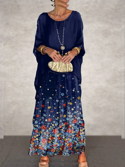 Γυναικείο Vintage Floral Τέχνη Εκτύπωση μπαστούνι μανίκι κέικ Maxi φόρεμα