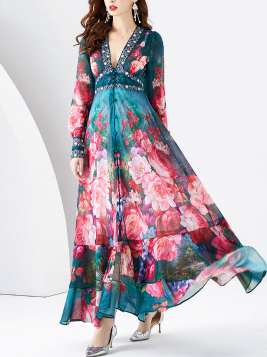 Κομψό λουλούδι τυπωμένο V-Neck Chic chiffon μακριά μανίκι πλήρη Hemline Maxi φόρεμας