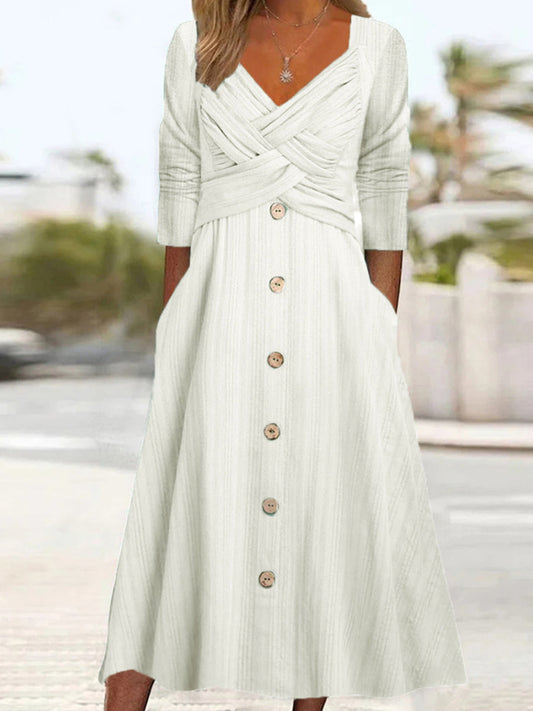 Γυναικείο Retro στερεό χρώμα V-Neck σταυρό κουμπί Midi φόρεμας