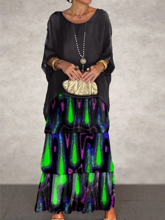 Γυναικείο Vintage Τέχνης Εκτύπωση νυχτερίδα μανίκι φόρεμα Maxi