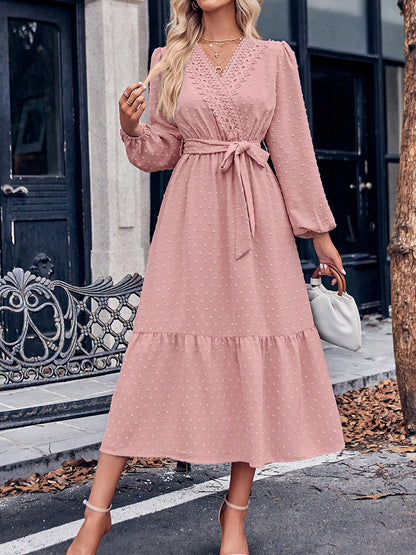 Γυναικείο ρετρο στερεό χρώμα V-Neck δαντέλα μέση Midi φόρεμα