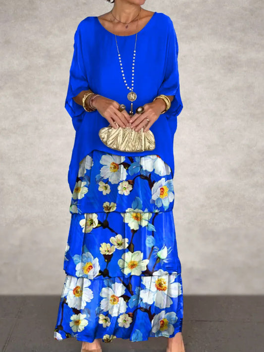 Γυναικείο Vintage Floral Τέχνη Εκτύπωση μπαστούνι μανίκι κέικ Maxi φόρεμα