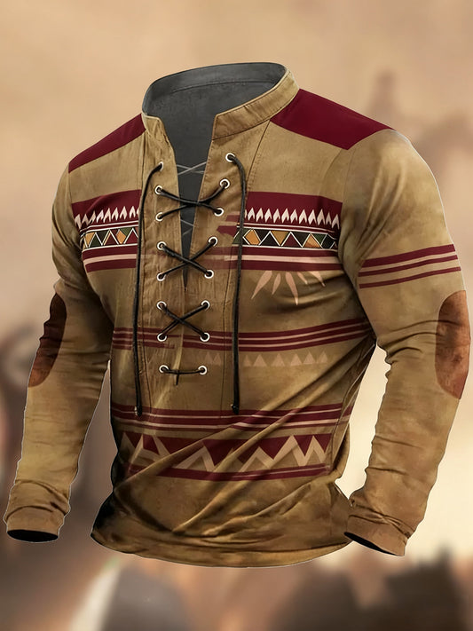 Vintage δυτική τέχνη εκτύπωση χώρα στυλ V-Neck Henley μακριά μανίκι πουκάμισα