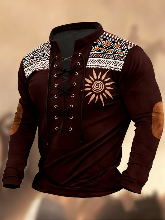 Vintage δυτική τέχνη εκτύπωση χώρα στυλ V-Neck Henley μακριά μανίκι πουκάμισα