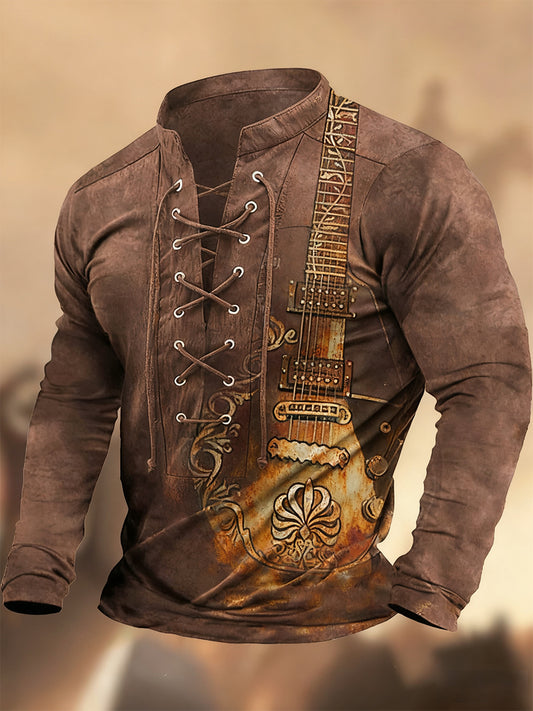 Vintage δυτική τέχνη εκτύπωση χώρα στυλ V-Neck Henley μακριά μανίκι πουκάμισα