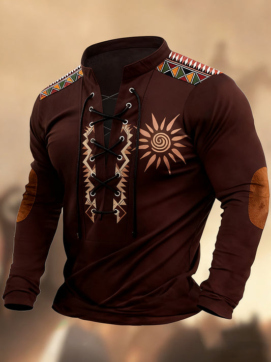 Vintage δυτική τέχνη εκτύπωση χώρα στυλ V-Neck Henley μακριά μανίκι πουκάμισα