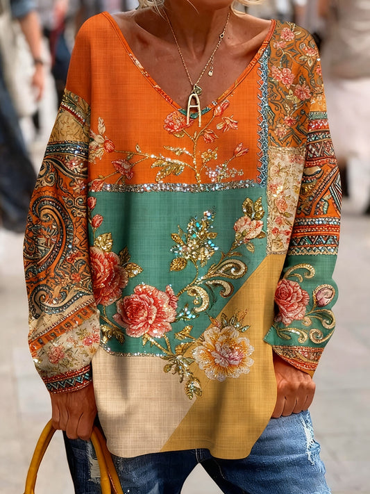 Retro Bohemian Floral Εκτύπωση Vintage Casual βαμβάκι V λαιμό μακρύ μανίκι T-Shirt