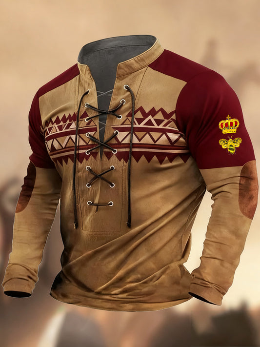 Vintage δυτική τέχνη εκτύπωση χώρα στυλ V-Neck Henley μακριά μανίκι πουκάμισα
