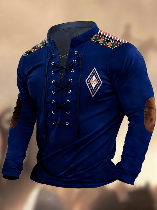 Vintage δυτική τέχνη εκτύπωση χώρα στυλ V-Neck Henley μακριά μανίκι πουκάμισα