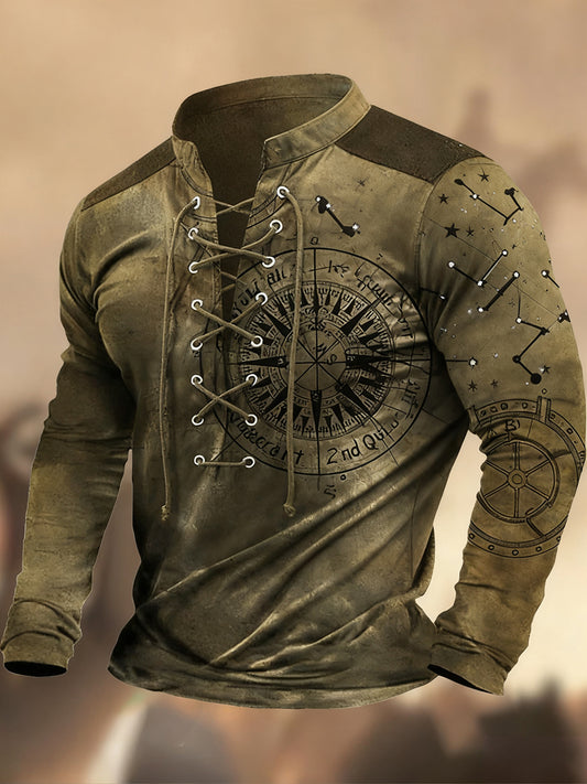 Vintage δυτική τέχνη εκτύπωση χώρα στυλ V-Neck Henley μακριά μανίκι πουκάμισα
