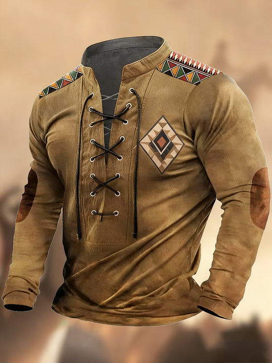 Vintage δυτική τέχνη εκτύπωση χώρα στυλ V-Neck Henley μακριά μανίκι πουκάμισα